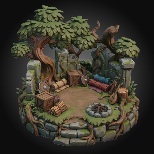 A miniature fantasy forest campsite diorama set on a circular stone base, featuring two gnarled trees, stone ruins, a campfire, crates, logs, and rolled gear, shown against a dark gradient background.