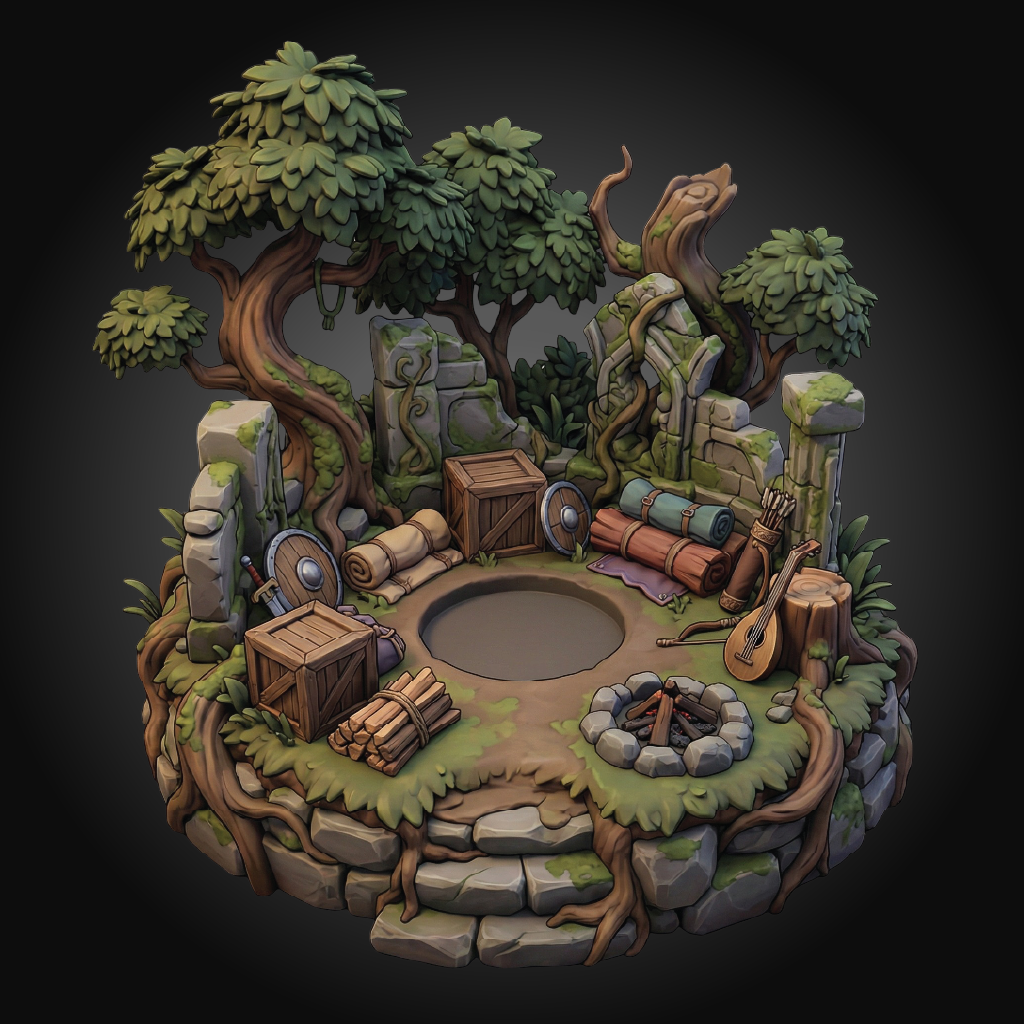 A 3D-rendered fantasy campsite miniature set featuring a stone platform with trees, crates, shields, a campfire ring, logs, and rolled mats on a dark gradient background.