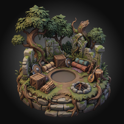 A 3D-rendered fantasy campsite miniature set featuring a stone platform with trees, crates, shields, a campfire ring, logs, and rolled mats on a dark gradient background.