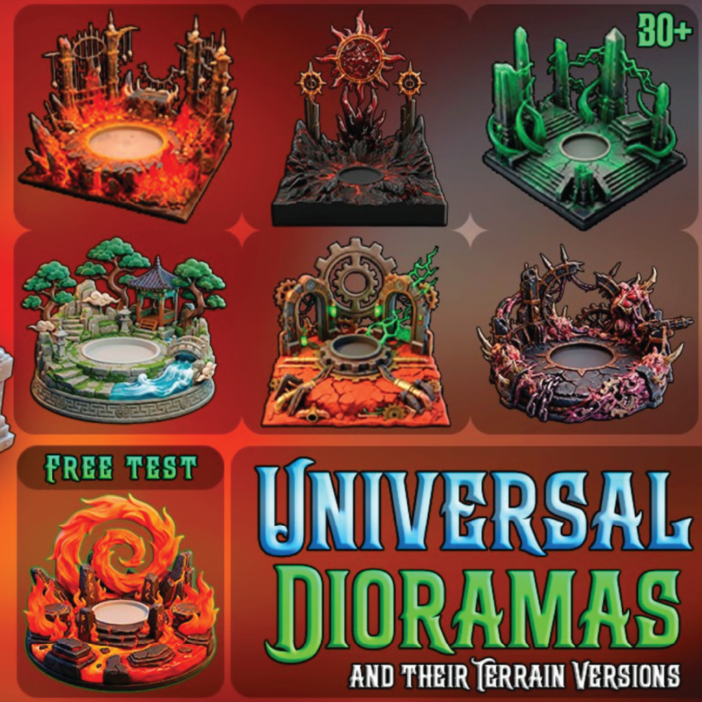 Collection of various dioramas with 'Universal Dioramas' text and promotional offer.