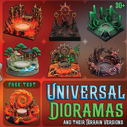 Collection of various dioramas with 'Universal Dioramas' text and promotional offer.