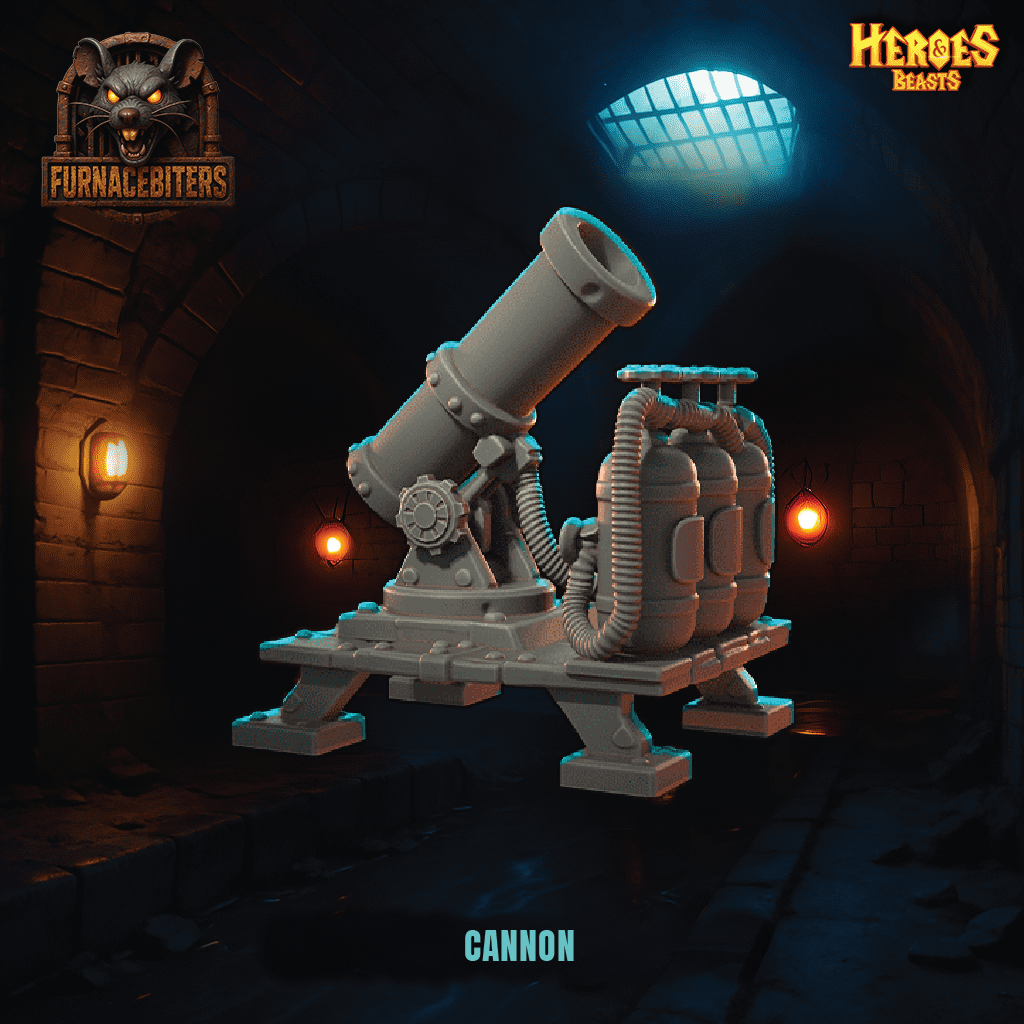 Model cannon in a dark, dungeon-like setting with 'Heroes & Beasts' branding.