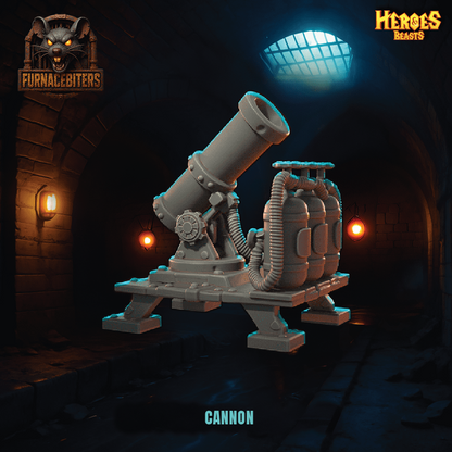 Model cannon in a dark, dungeon-like setting with 'Heroes & Beasts' branding.