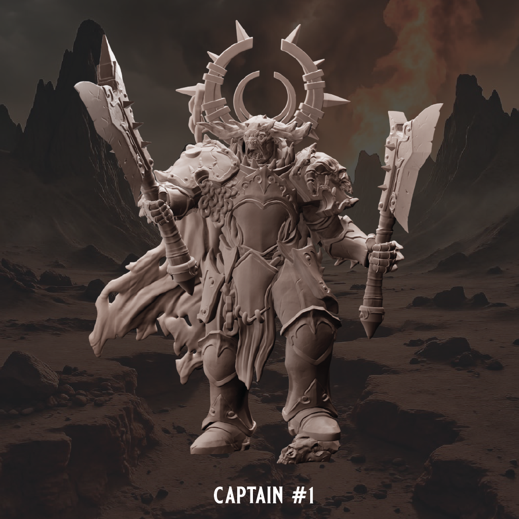 Warrior figure in detailed armor with weapons in a desert-like landscape, labeled 'Captain #1'.