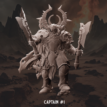 Warrior figure in detailed armor with weapons in a desert-like landscape, labeled 'Captain #1'.