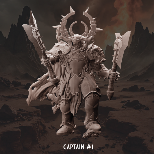 Warrior figure in detailed armor with weapons in a desert-like landscape, labeled 'Captain #1'.
