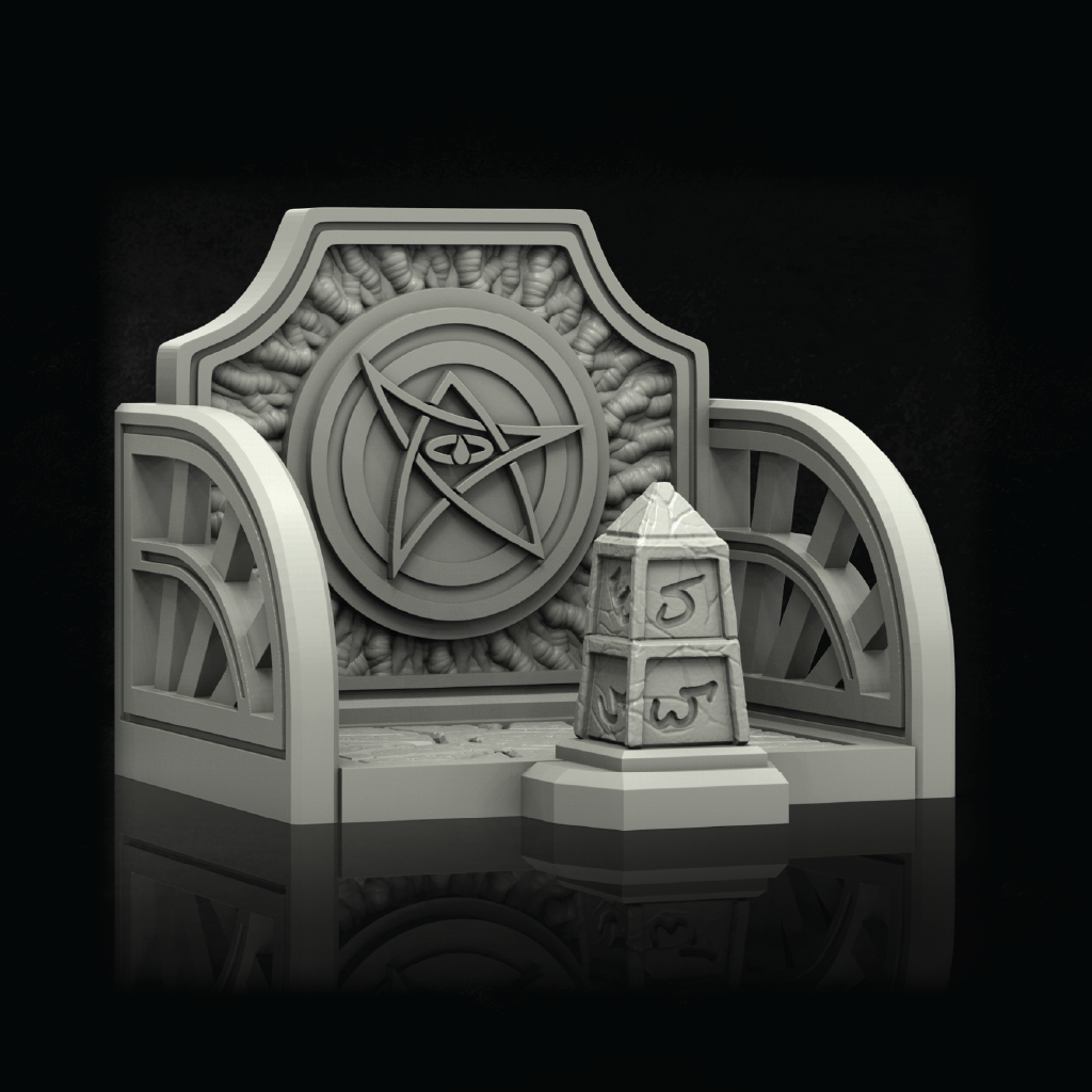 A monochrome 3D-rendered decorative throne or altar-like structure with a large pentagram emblem on the back, curved armrests, and a small pedestal box marked 5 and 25, shown against a black background with a faint reflection below.