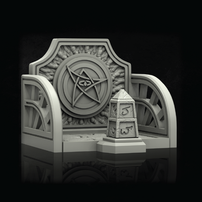 A monochrome 3D-rendered decorative throne or altar-like structure with a large pentagram emblem on the back, curved armrests, and a small pedestal box marked 5 and 25, shown against a black background with a faint reflection below.