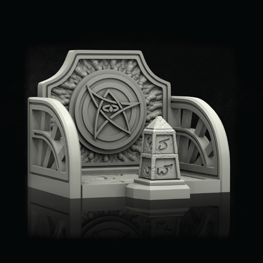 A monochrome 3D-rendered decorative throne or altar-like structure with a large pentagram emblem on the back, curved armrests, and a small pedestal box marked 5 and 25, shown against a black background with a faint reflection below.