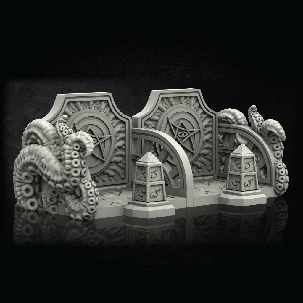 A 3D-rendered gothic fantasy backdrop set featuring octopus tentacles wrapping around arches, ornate shield-like panels with compass motifs, and two small decorative pillars, shown on a black reflective background.