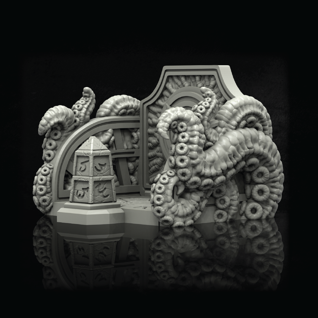 A detailed 3D-printed miniature tabletop terrain piece featuring a stylized octopus with multiple tentacles wrapping around a stone-like platform and archway, shown in monochrome gray on a black reflective background.