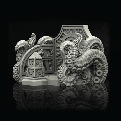 A detailed 3D-printed miniature tabletop terrain piece featuring a stylized octopus with multiple tentacles wrapping around a stone-like platform and archway, shown in monochrome gray on a black reflective background.