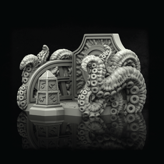 A detailed 3D-printed miniature tabletop terrain piece featuring a stylized octopus with multiple tentacles wrapping around a stone-like platform and archway, shown in monochrome gray on a black reflective background.