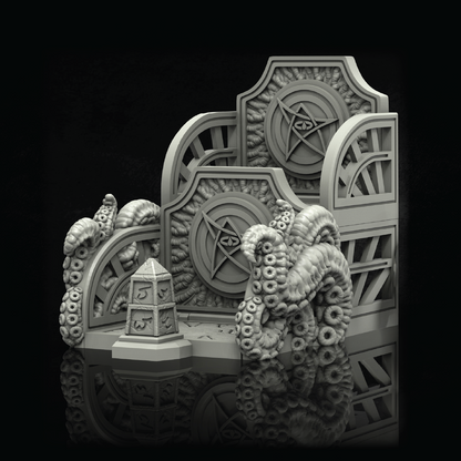 A monochrome 3D-rendered fantasy structure featuring a tall arched backdrop with circular eye motifs, curved side panels, and a small pedestal box surrounded by tentacle-like organic forms, shown on a black reflective background.