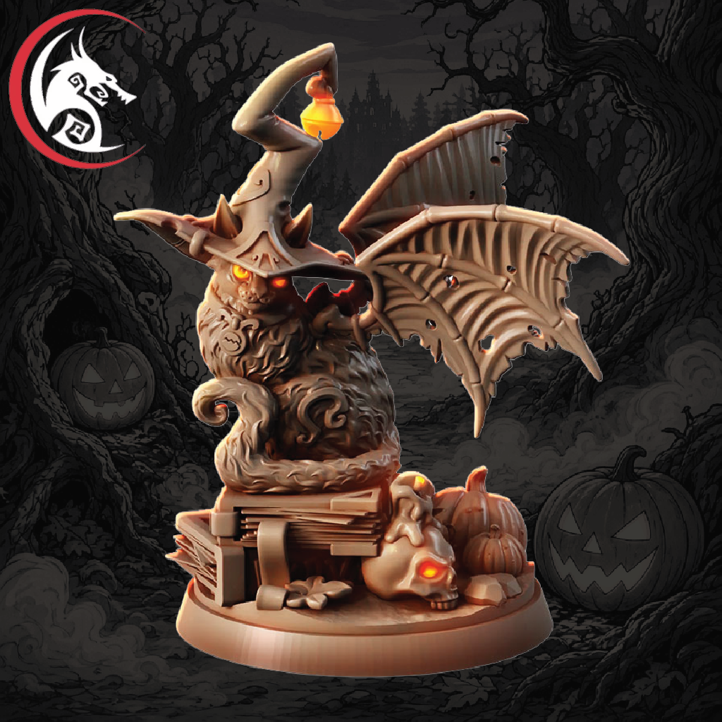 A Halloween-themed fantasy figurine of a skeletal owl wizard wearing a pointed hat and holding a glowing lantern, perched on a stack of books with a small skull mouse and jack-o'-lanterns on a round base. The background is a dark spooky forest scene with jack-o'-lanterns, and a red dragon logo watermark appears in the top-left corner.