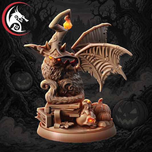 A Halloween-themed fantasy figurine of a skeletal owl wizard wearing a pointed hat and holding a glowing lantern, perched on a stack of books with a small skull mouse and jack-o'-lanterns on a round base. The background is a dark spooky forest scene with jack-o'-lanterns, and a red dragon logo watermark appears in the top-left corner.