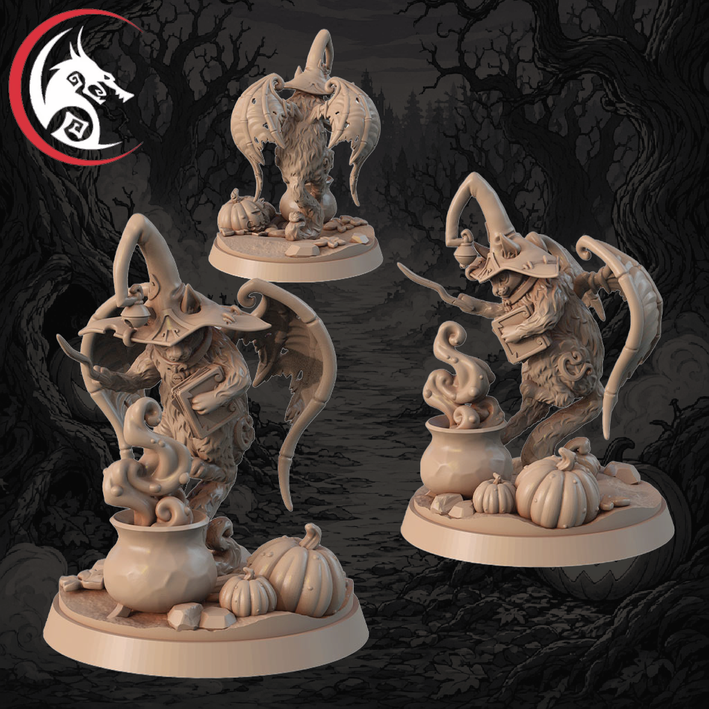 Three unpainted fantasy tabletop miniatures with bat-like wings, cauldrons, pumpkins, and tentacles, shown on a dark spooky forest background. A red circular logo with a wolf head appears in the top-left corner.