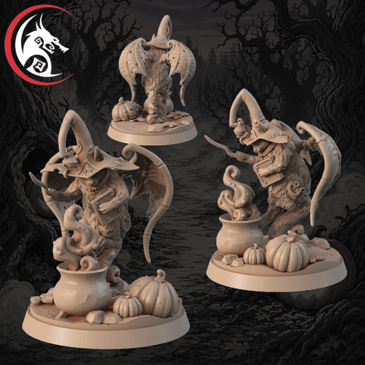 Three unpainted fantasy tabletop miniatures with bat-like wings, cauldrons, pumpkins, and tentacles, shown on a dark spooky forest background. A red circular logo with a wolf head appears in the top-left corner.