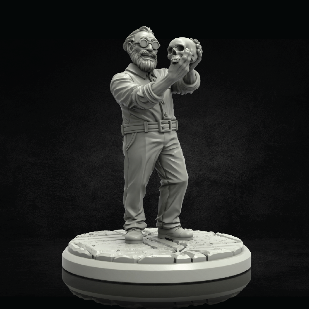 Statue of a man holding a skull on a dark background