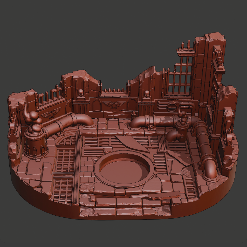 A 3D-rendered ruined industrial or sci-fi platform with walls, pipes, grates, and a circular opening, shown on a dark gray background.