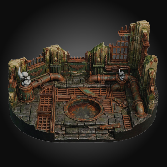 A miniature industrial sci-fi ruins terrain piece on a round black base, featuring rusted pipes, stone walls, grates, and a central circular opening, shown against a dark gradient background.