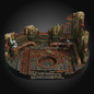 A miniature industrial sci-fi ruins terrain piece on a round black base, featuring rusted pipes, stone walls, grates, and a central circular opening, shown against a dark gradient background.