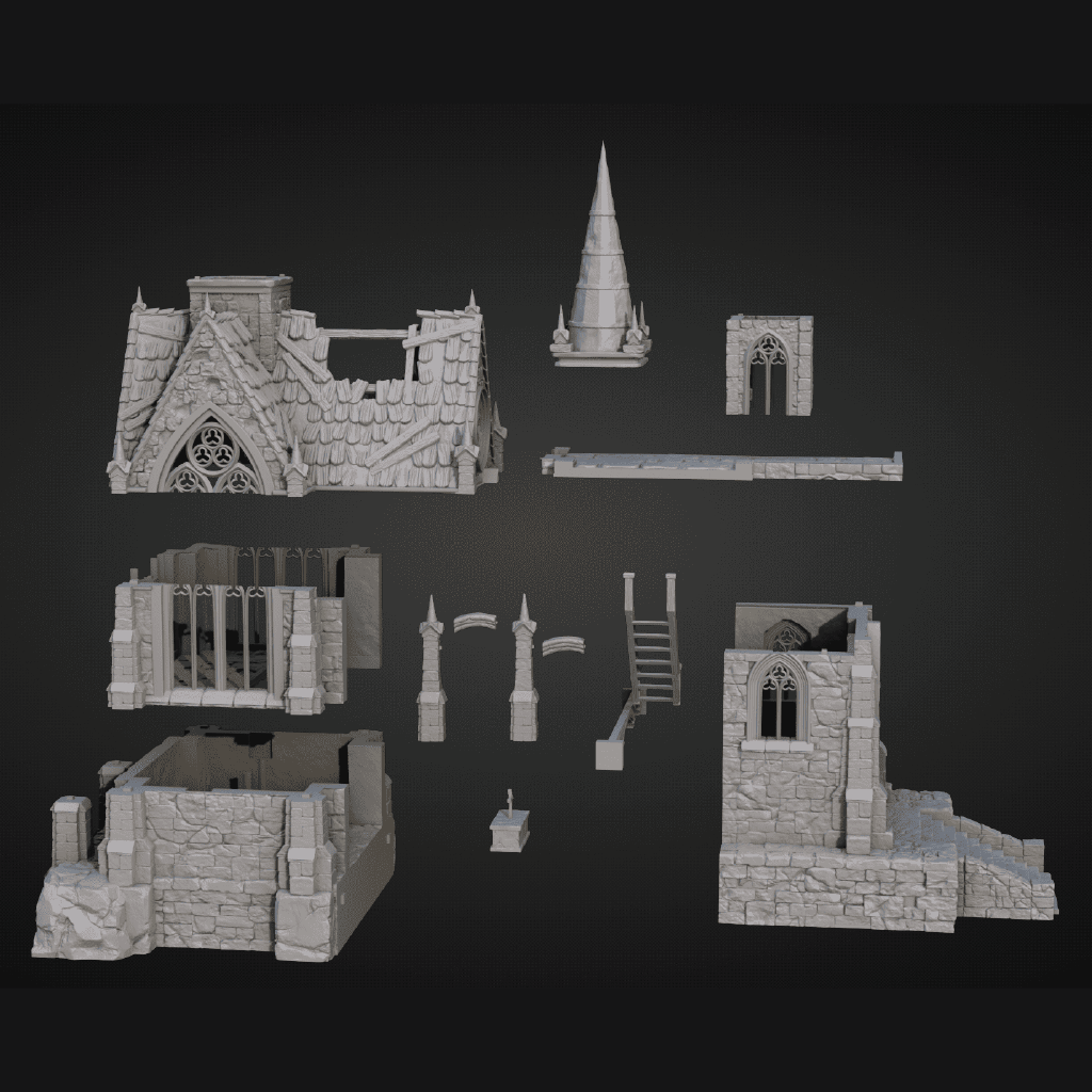 Cathedral of the Hollow Prayer | Ruined Church Terrain | 3D Filament Print