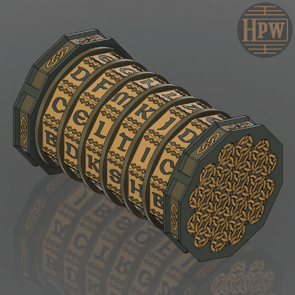 Color render of a Celtic themed puzzle box with multiple letter dials