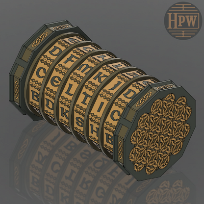Color render of a Celtic themed puzzle box with multiple letter dials