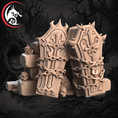 A pair of ornate beige coffin-shaped armor plates or shields wrapped in heavy chains, shown against a dark illustrated forest background. A red-and-black dragon logo appears in the top-left corner.