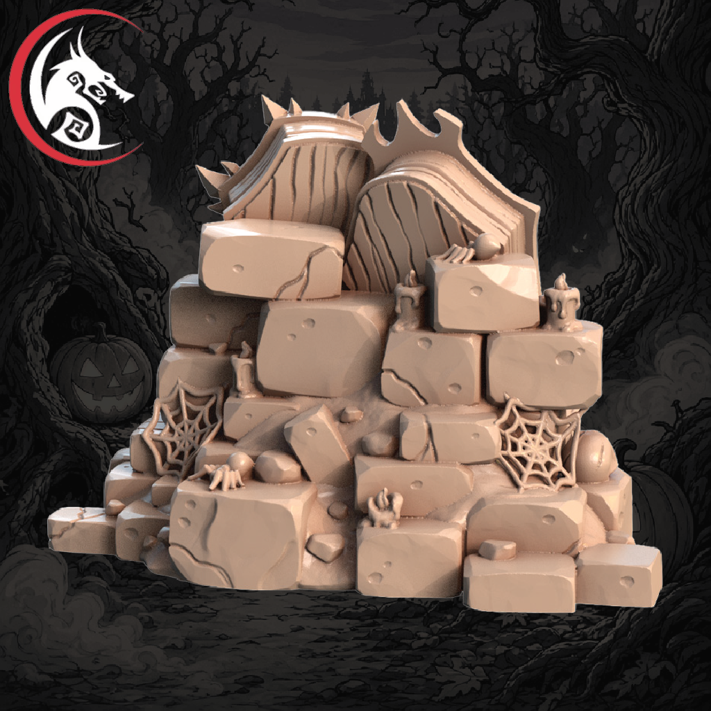 A 3D-rendered pile of beige stone blocks and ruins with a large spiked arch or door structure on top, set against a dark spooky forest background. A red-and-white dragon logo appears in the upper left corner.