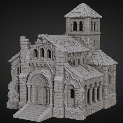 Stone architectural model of a building with a tower on a dark background