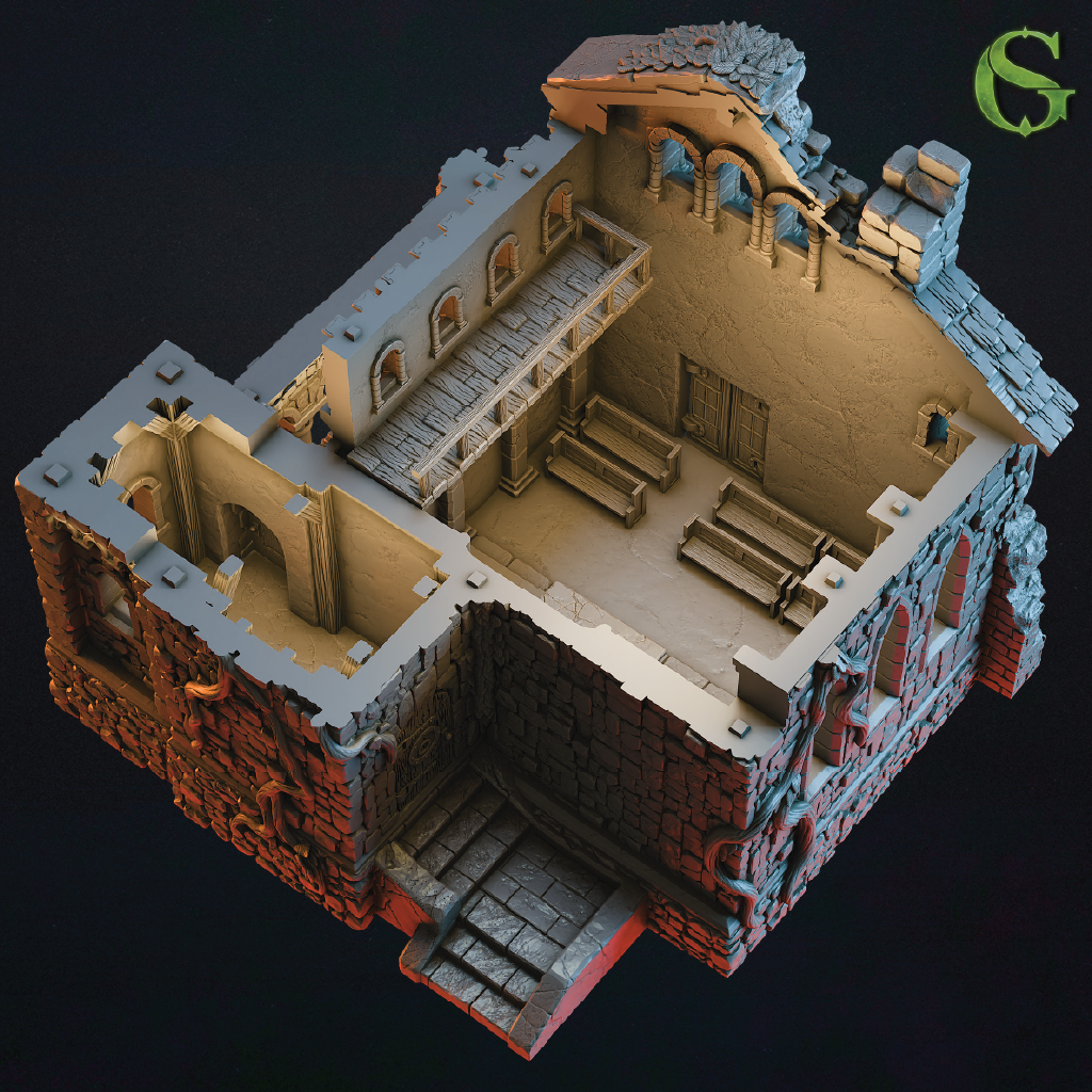 3D render of a stone church interior