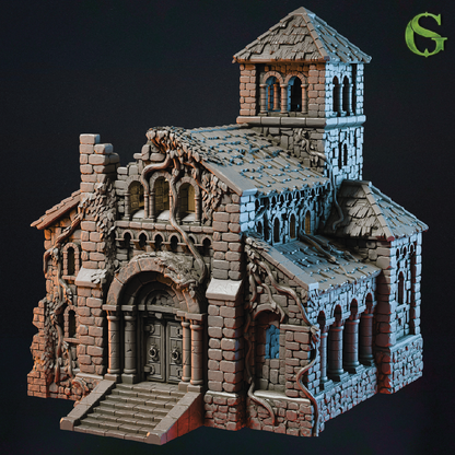 Detailed model of a stone building with a tower on a dark background