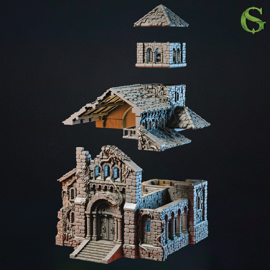 Set of miniature stone buildings on a dark background
