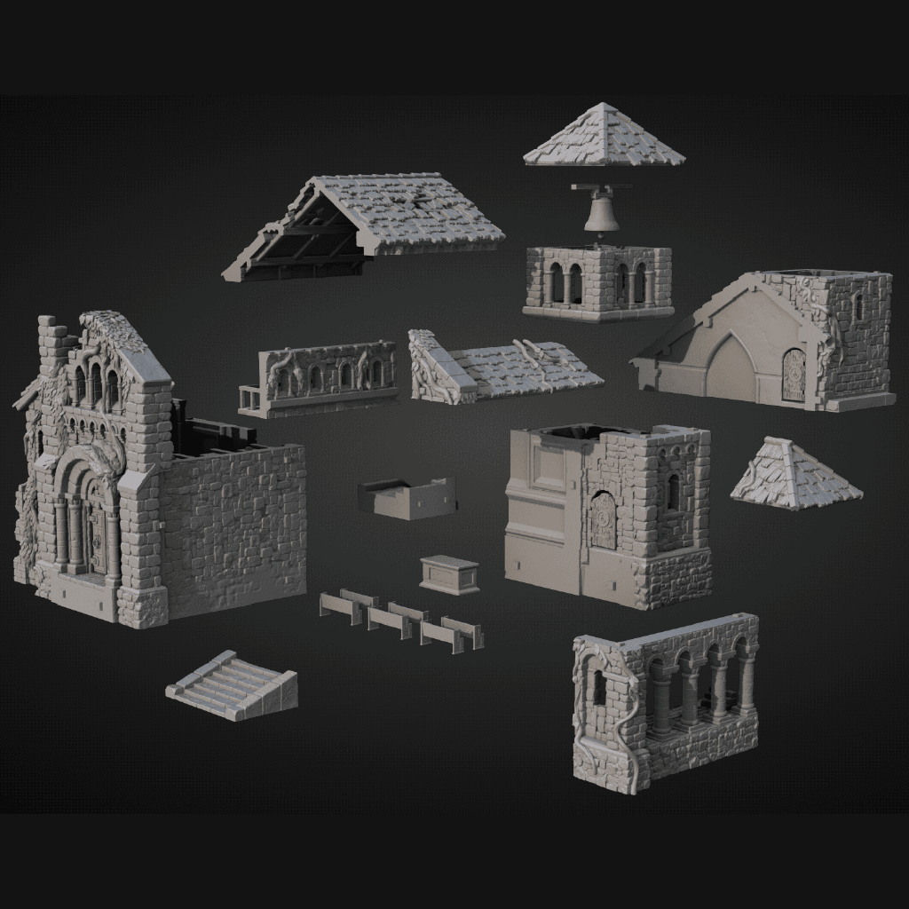 3D render of a stone church broken into parts