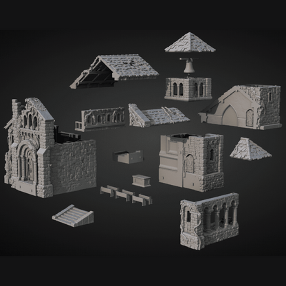 3D render of a stone church broken into parts