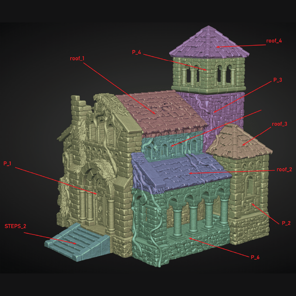 3D model of a castle with labeled parts on a black background