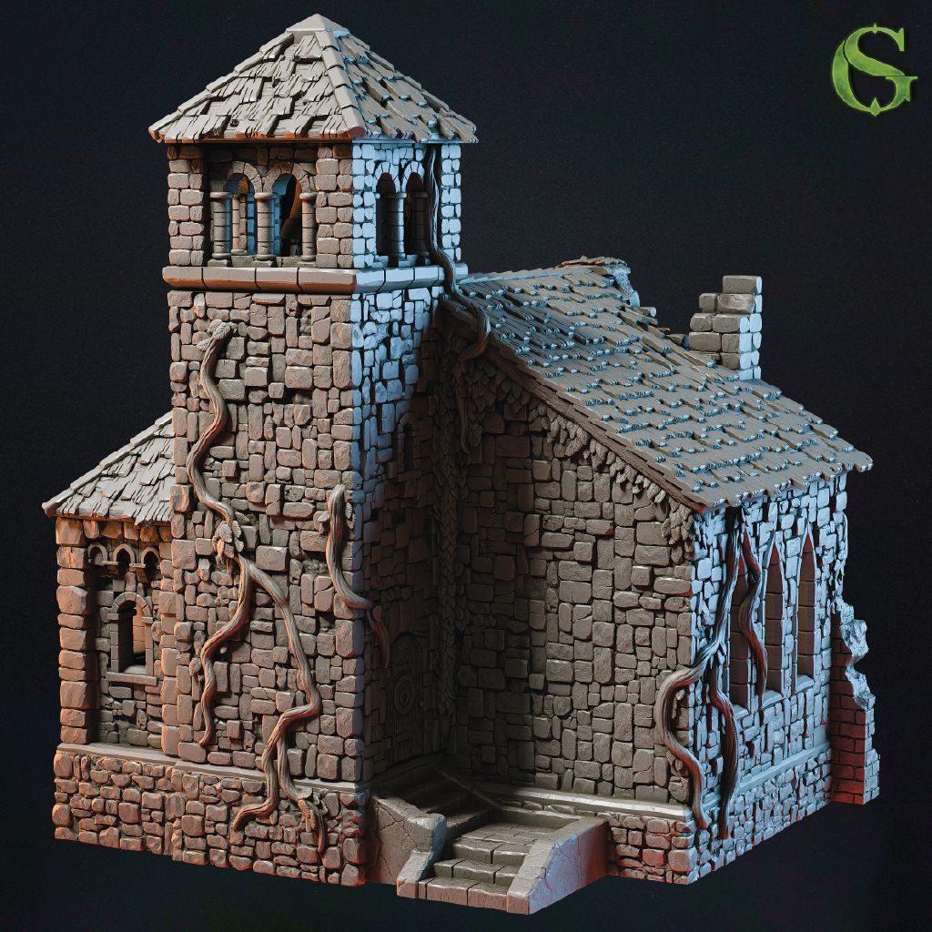 Model of a stone building with a tower on a dark background