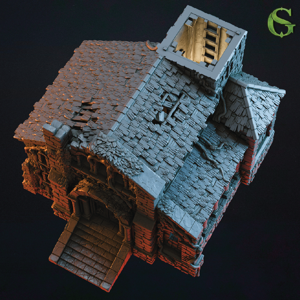 Detailed model of a stone building with a dark background