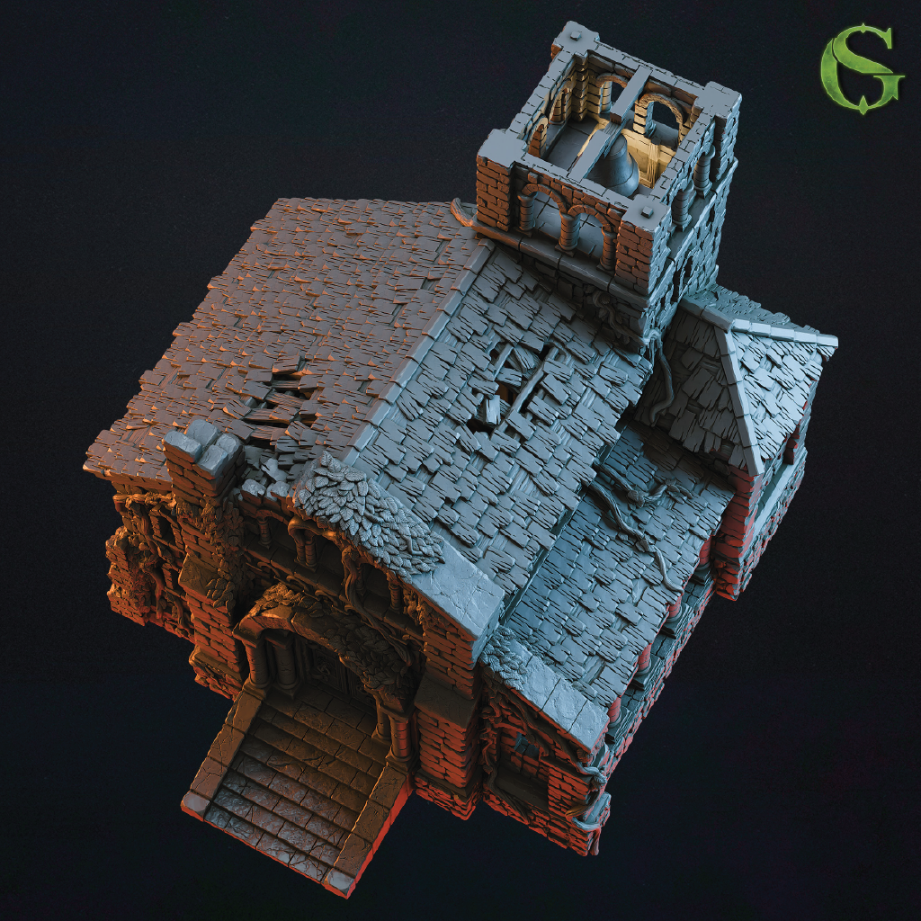 3D render of a stone church rooftop