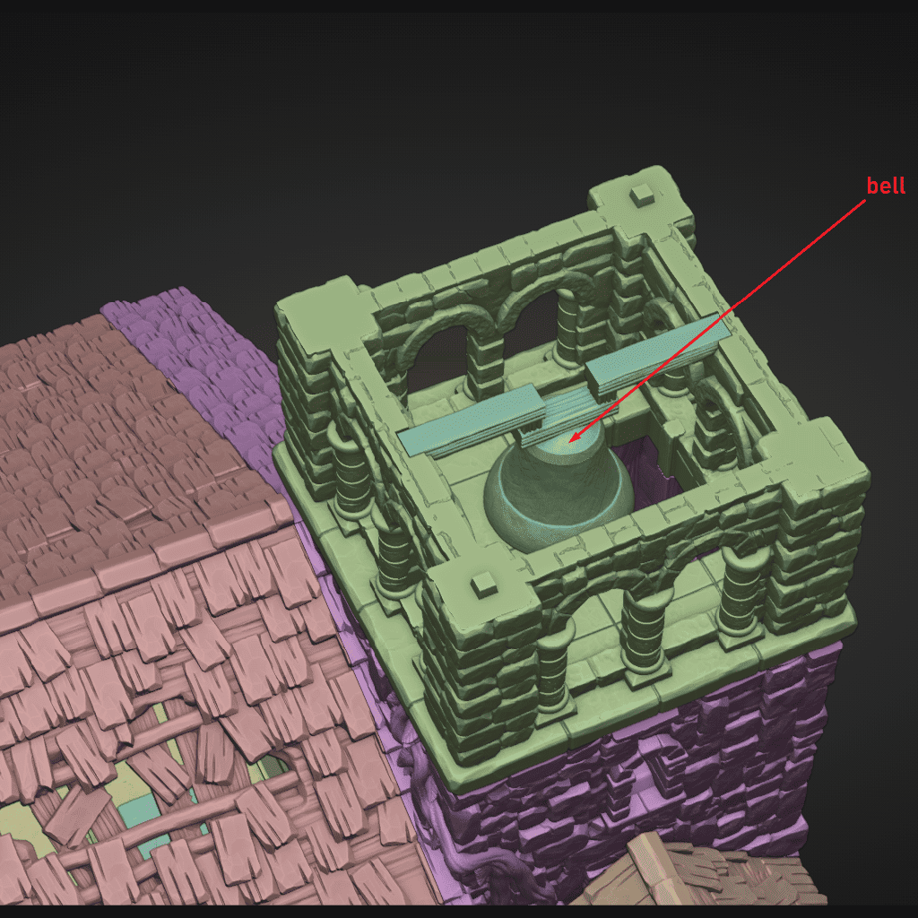 3D model of a bell tower with a red arrow pointing to the bell on a dark background
