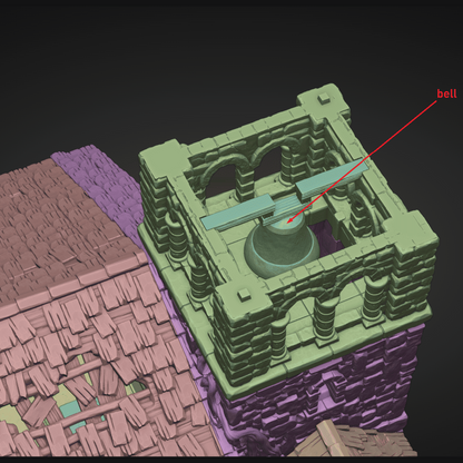 3D model of a bell tower with a red arrow pointing to the bell on a dark background