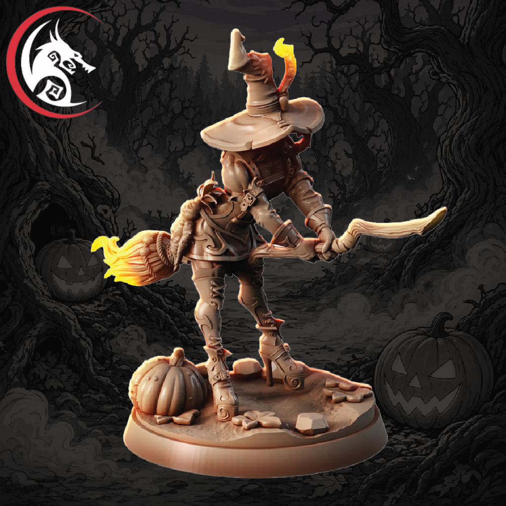 A detailed 3D-rendered miniature figurine of a skeletal witch riding a broomstick over a graveyard base, with glowing orange flames at the end of the broom and a circular wolf logo in the top-left corner.