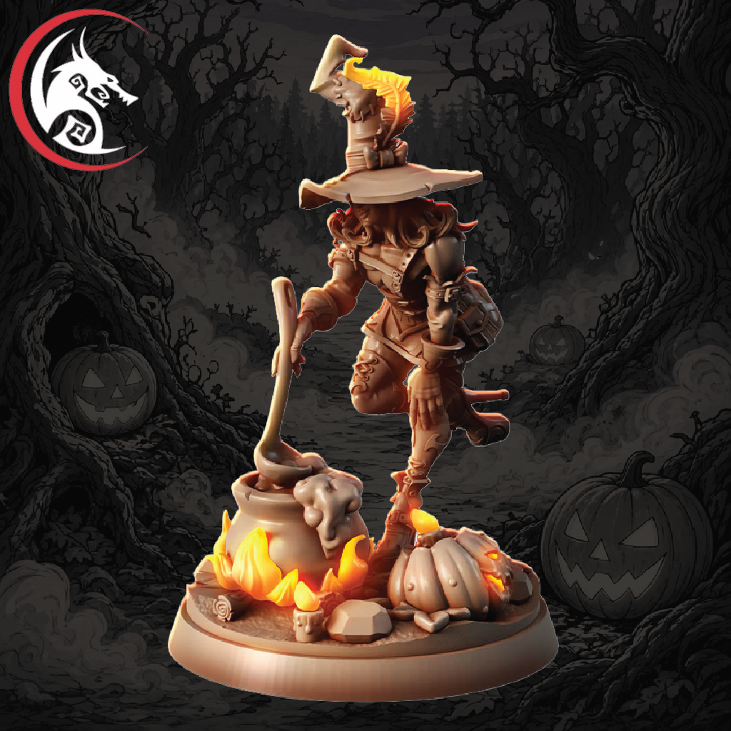 A fantasy miniature figurine of a witch in armor and a pointed hat, holding a cauldron with flames, standing on a base with pumpkins and a cauldron. The background is a dark, spooky forest scene with jack-o'-lanterns.