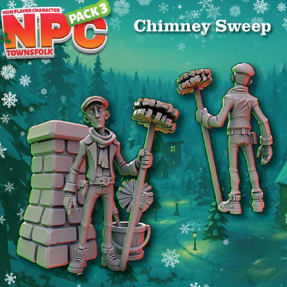 Promotional graphic for an NPC character pack featuring a chimney sweep in a snowy winter village scene. The text reads 'NPC PLAYER CHARACTER PACK 3' and 'Chimney Sweep.