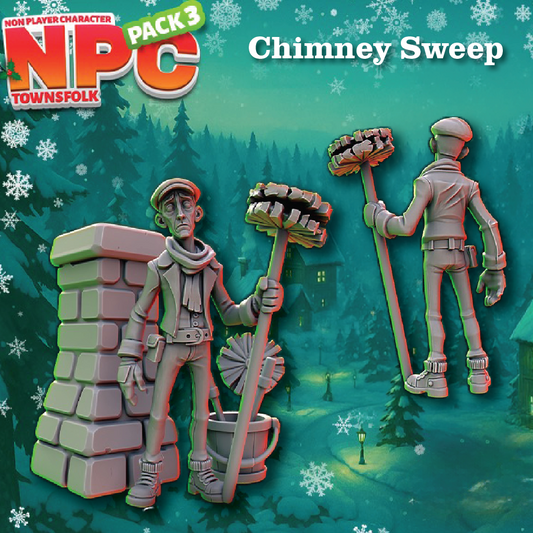 Promotional graphic for an NPC character pack featuring a chimney sweep in a snowy winter village scene. The text reads 'NPC PLAYER CHARACTER PACK 3' and 'Chimney Sweep.