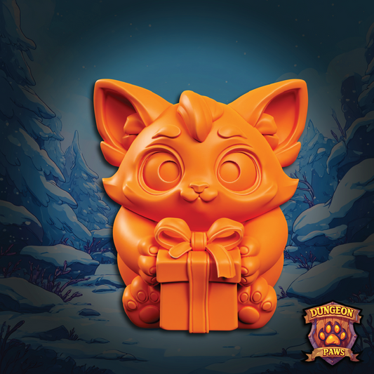 3D model of a chibi-style Christmas holiday kitten holding a present gift