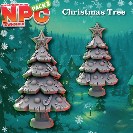 Two gray stone-textured Christmas trees with star toppers and candy decorations, shown in a snowy winter village scene. The image includes the text 'NPC Player Character Pack 3' and 'Christmas Tree' with a 'No.