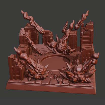 A 3D-rendered miniature diorama or tabletop terrain piece in a uniform reddish-brown color, featuring a central circular opening surrounded by ruined buildings, twisted tree-like forms, and rocky sculptural details on a dark gray background.